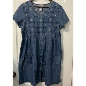 Vintage 90's Pellini Blue Daisy Flower Embroidered Denim S/S Dress Sz 12